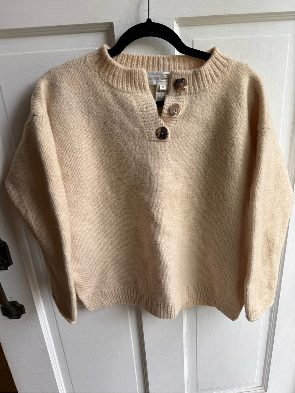 Jones New York Cropped Hand Knit Cream Button-Accent Crewneck Sweater